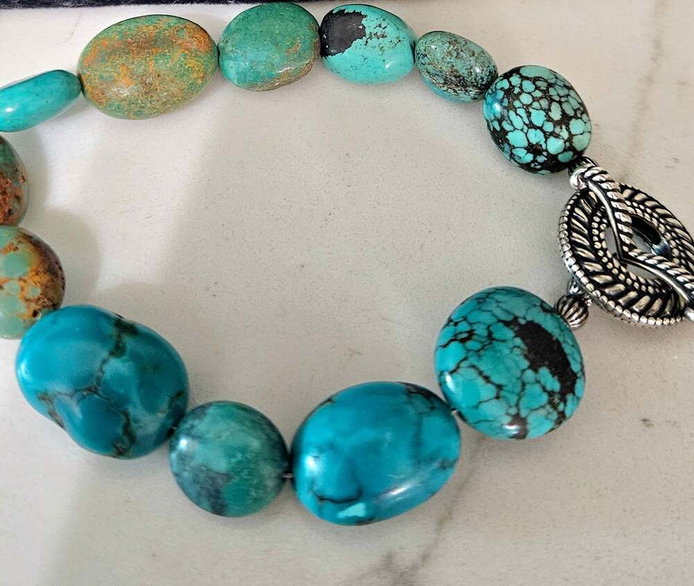 Chunky Natural Turquoise Nugget Beaded Bracelet W/ Bali Style Toggle Clasp
